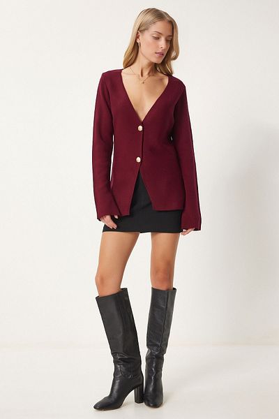KURGAN TEKSTİL Women's V-Neck Stylish Buttoned Knitwear Cardigan