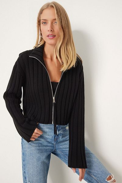 KURGAN TEKSTİL Women's Zippered Stand Collar Knitwear Cardigan
