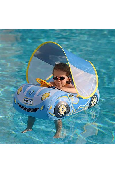 bebeLOGIC Swimming ring with sunshade for babies and children, inflatable car, blue, suitable for 1-4 years