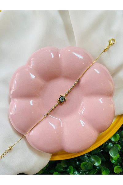 PONÇİK ACCESSORİES Gold color anklet with evil eye beads and dorica (average size is 20 cm)