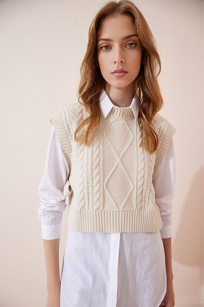 KURGAN TEKSTİL Women's Crew Neck Tie-Up Crop Knitwear Sweater
