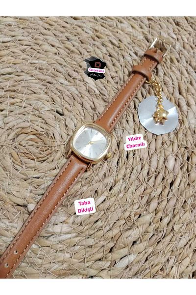 Brality Charm Starry.. Real Leather Vintage Oval Square Women Wristwatch.. Tan Cord.. Gold Case... 0021