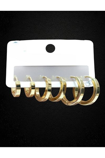 Tasarım Steel Earrings 3-Piece Simple Cornered Plain Hoop Model Earrings 4 mm Thickness Gold Yellow Gold