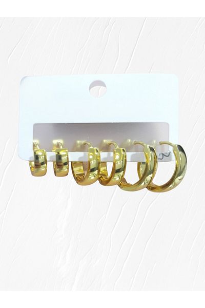 Tasarım Steel Earrings 3-Piece Simple Cornered Curved Hoop Model Earrings 3 mm Thickness Gold Yellow Gold