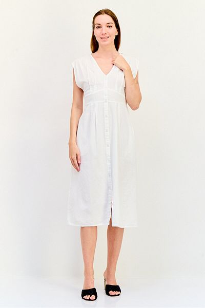 Brave Soul Women Plain Belted Midi Dress, White