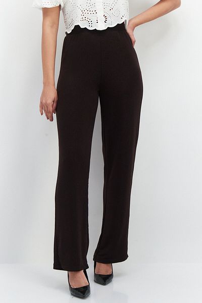 PIECES Women High Waist Stretchable Textured Palazzo Pants, Brown