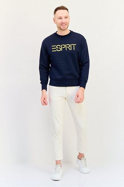 Esprit Men Ribbed Collar Long Sleeves Brand Logo Sweatshirts, Dark Navy