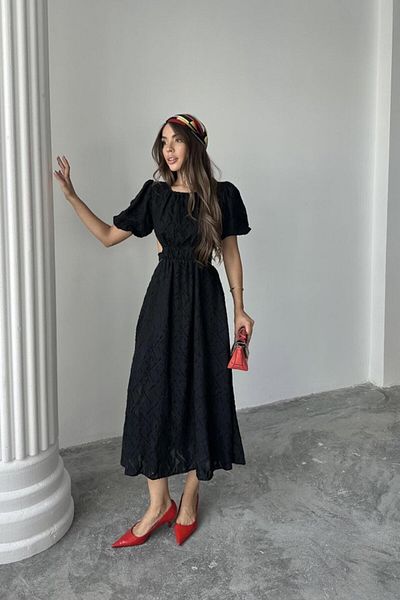 modaserdem Black Balloon Sleeve Belted Dress