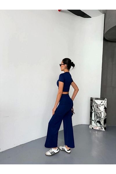 nedo7 Osy Modal Soft Textured Fabric Short Sleeve Crop Bottom Flared Leg Trousers Double Set - Navy Blue