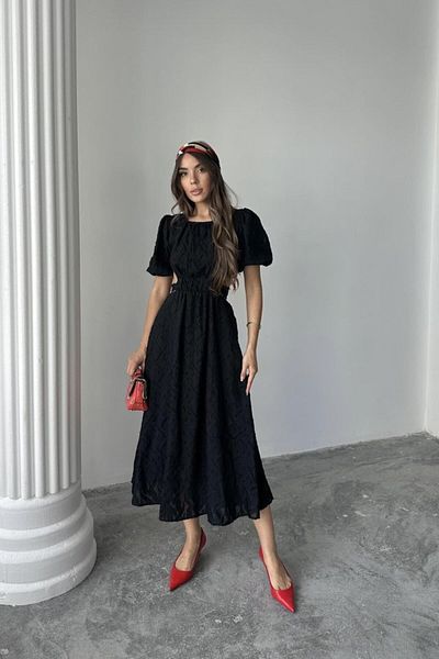 modaserdem Black Balloon Sleeve Belted Dress