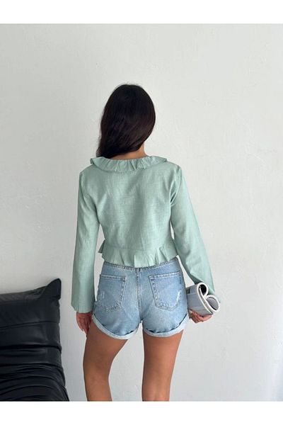 gelirr Linen Long Sleeve Blouse with Lace Detail - Green