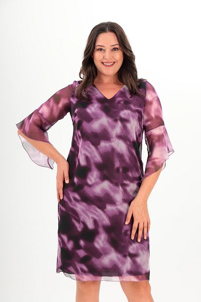 Mezure Patterned Chiffon Dress Large Size Back Zipper