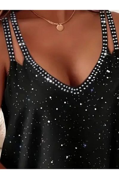 MRA Fashion Women's Double Strap Deep V-Neck Stoned Sandy Blouse
