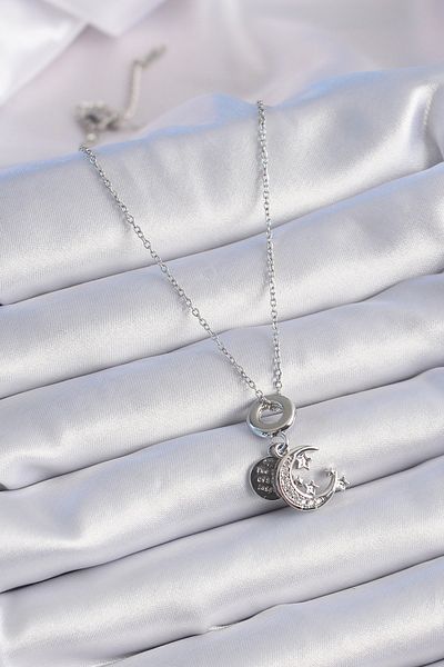 Skygo 316L Steel Silver Color Zircon Stone Moon Star Figure Charm Model Women's Necklace - Tj-Bko9311