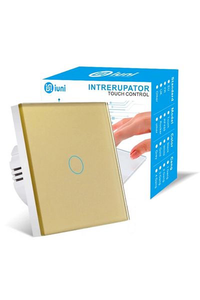 iUni Comutator tactil pentru casa scării, cap transversal iUni 1F, sticlă securizată, LED, auriu