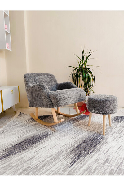 BEYLERBEYİ Sallanan Ahşap Ayaklı , gri peluş,Rengi Berjer Koltuk - Puf Hediyeli