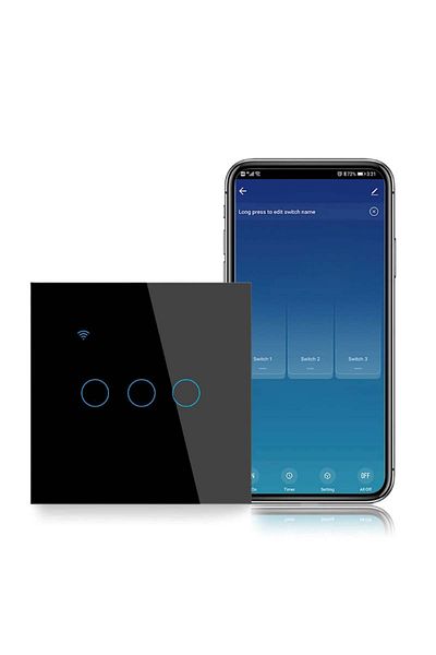 iUni Comutator tactil inteligent iUni 3F, Wi-Fi, Sticlă securizată, LED, Negru