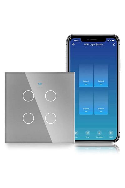 iUni Smart touch switch, WiFi, Tempered glass, iUni 4G, 10A, Voice control, Smart Life/Tuya, LED, Silver