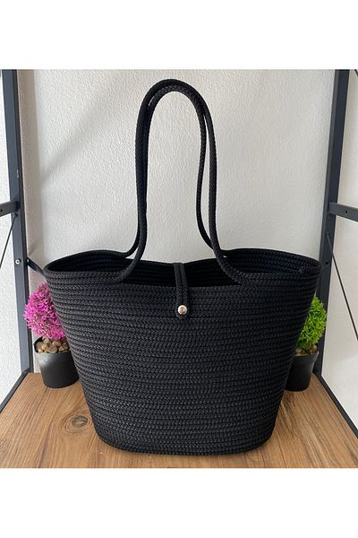 Metasupla Μαύρη Unisex Jute Vegan Τσάντα ώμου - Ψάθινη εμφάνιση
