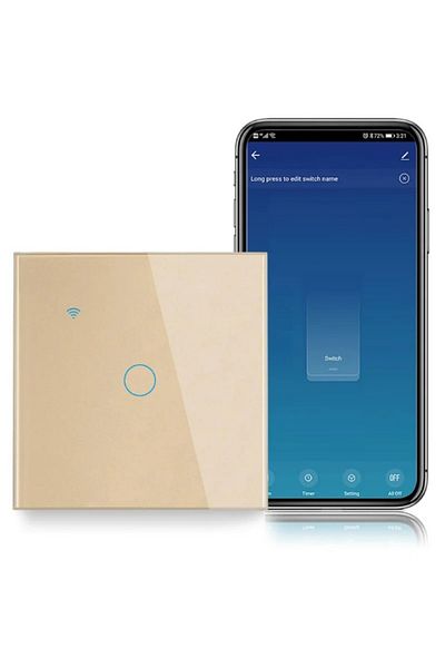 iUni Smart touch switch, WiFi, Tempered glass, iUni 1G, 10A, Voice control, Smart Life / Tuya, LED, Gold