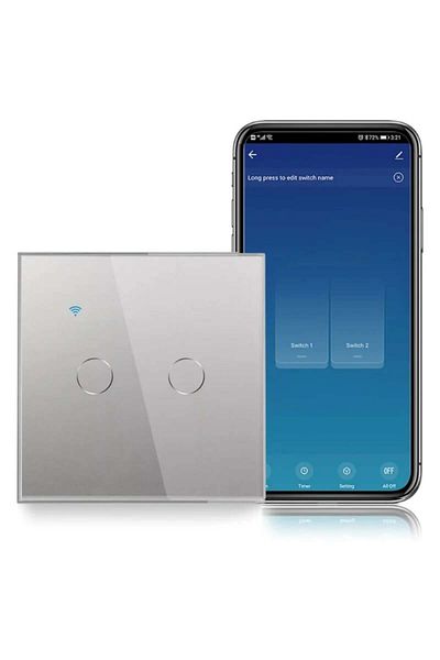 iUni Smart touch switch, WiFi, Tempered glass, iUni 2G, 10A, Voice control, Smart Life/Tuya, LED, Silver