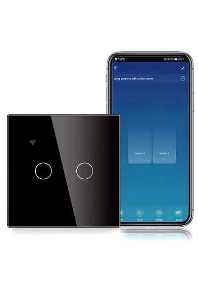 iUni Întrerupător tactil inteligent, Wifi, sticlă securizată, 2g, 10a, control vocal, Smart Life / Tuya, LED, negru