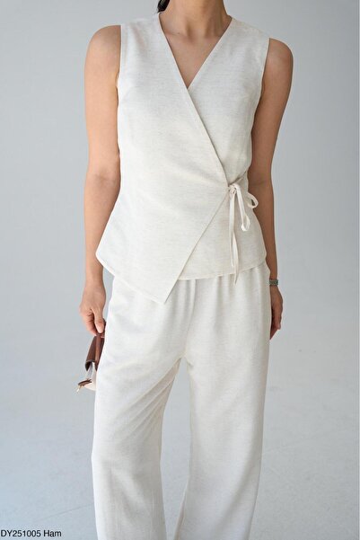 CADDELAMODA Γυναικείο λινό γιλέκο με διπλό πέτο