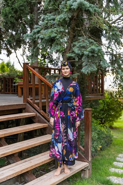 Bordomix 7175 Women's Black Floral Patterned Belted Long Pareo - Beach Dress