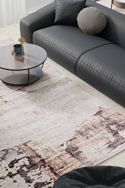 Serente Home Abstract Patterned Washable Non-Slip Base Chenille Brown Cream Kitchen Rug 4159