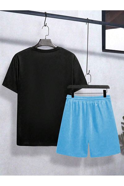 PENTHİLUS Men's Casual Short Sleeve Crew Neck Palm Print Plus Size T-Shirt Lace-Up Waist Shorts,