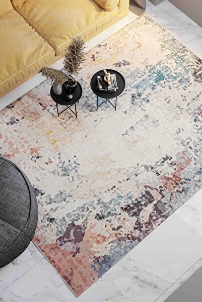 Serente Home Abstract Patterned Washable Non-Slip Base Chenille Cream Blue Orange Kitchen Rug 4142