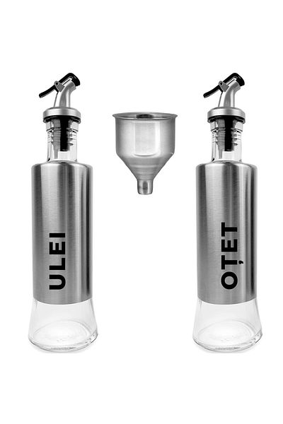 Bukate Set de 2 Oliviere Transparente din Sticla si Otel Inoxidabil, cu Palnie si Picurator