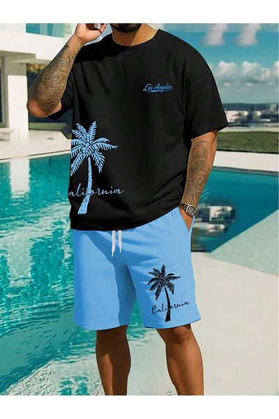 PENTHİLUS Men's Casual Short Sleeve Crew Neck Palm Print Plus Size T-Shirt Lace-Up Waist Shorts,