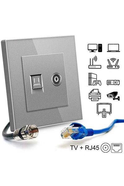 iUni TV + Internet RJ45 socket, Cat6, Tempered glass frame, iUni TDS, Silver