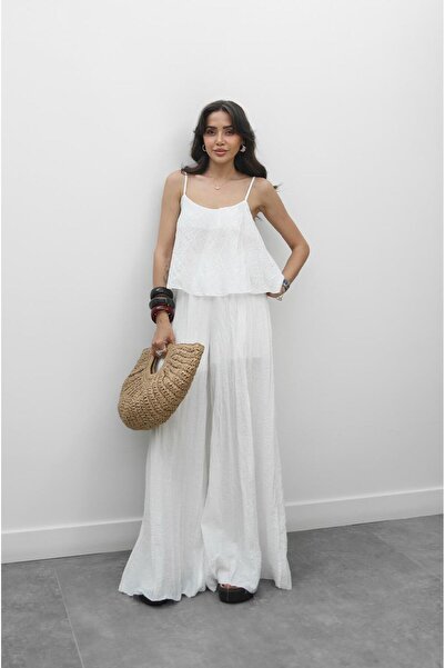 Havoş White Crinkle Blouse Pants Set