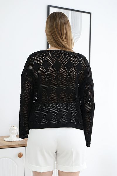 ALCHON Wide Churned V-Neck Argyle Pattern Comfortable Fit Long Sleeve Openwork Perforated Summer Stylish Tirko Pullover Blouse