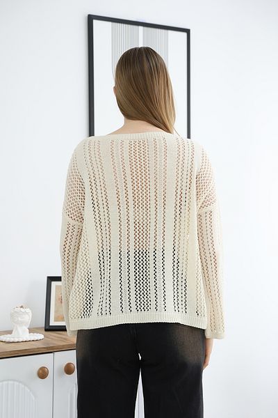 ALCHON Wide Crew Neck Loose Cut Comfortable Fit Long Sleeve Hollowed Openwork Summer Stylish Knitwear Sweater Blouse