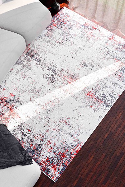 Serente Home Abstract Patterned Washable Non-Slip Base Chenille Gray Red Kitchen Carpet 4166