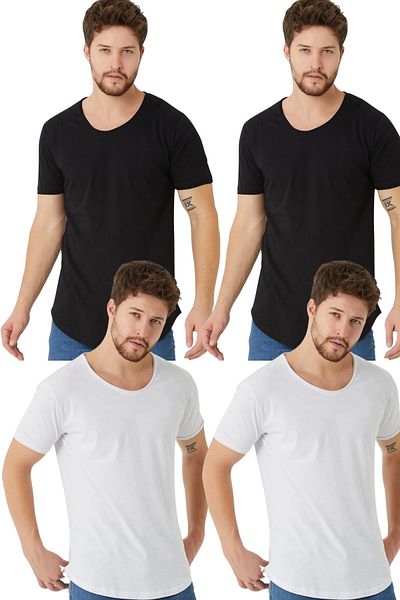 Tarz Cool Men's Black-White-Black-White 4-Piece Oval Skirt Wide Collar 100% Cotton Short Sleeve T-Shirt