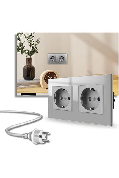 iUni Double Socket With Tempered Glass Frame Ws2, 16a, Silver