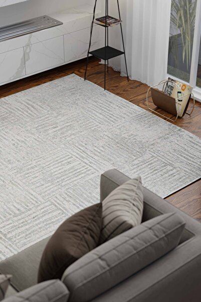 Serente Home Abstract Patterned Washable Non-Slip Base Chenille Carpet Gray White Runner 4161