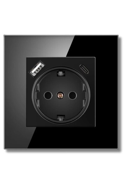 iUni Zásuvka s tvrzeným skleněným rámem, porty USB-A a USB-C, UC1, 16A, černá