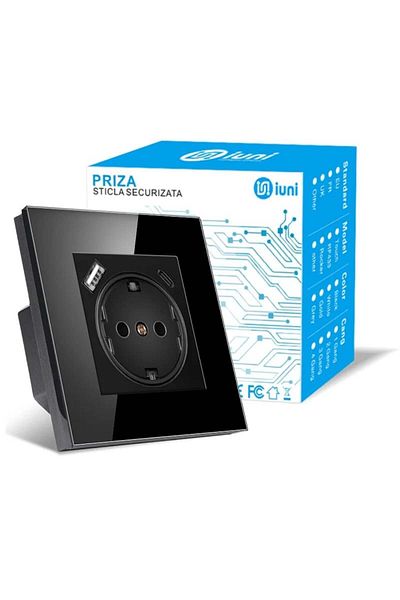 iUni Tempered glass frame socket, USB-A and USB-C ports, iUni UC1, 16A, Black