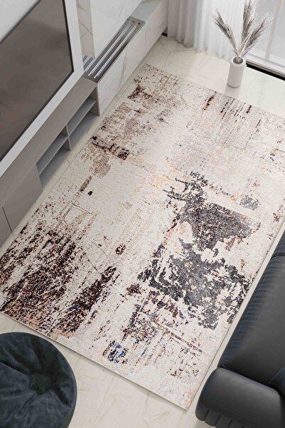 Serente Home Modern Patterned Washable Non-Slip Base Chenille Cream Brown Living Room Carpet 4158