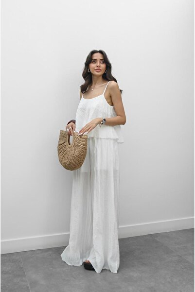 Havoş White Crinkle Blouse Pants Set