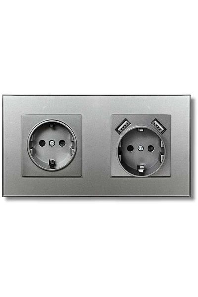 iUni Double socket with tempered glass frame, 2 USB-A ports, iUni US2, 16A, Silver