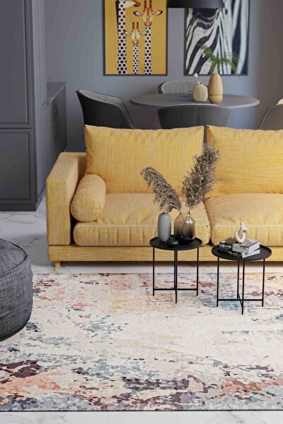 Serente Home Abstract Patterned Washable Non-Slip Base Chenille Cream Blue Orange Kitchen Rug 4142