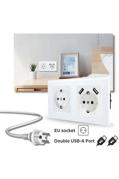 iUni Double socket with tempered glass frame, 2 USB-A ports, iUni US2, 16A