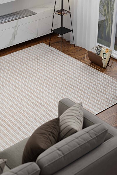 Serente Home Abstract Line Patterned Washable Non-Slip Base Chenille Carpet Beige White Runner 4162