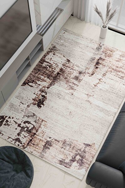 Serente Home Abstract Patterned Washable Non-Slip Base Chenille Brown Cream Kitchen Rug 4159